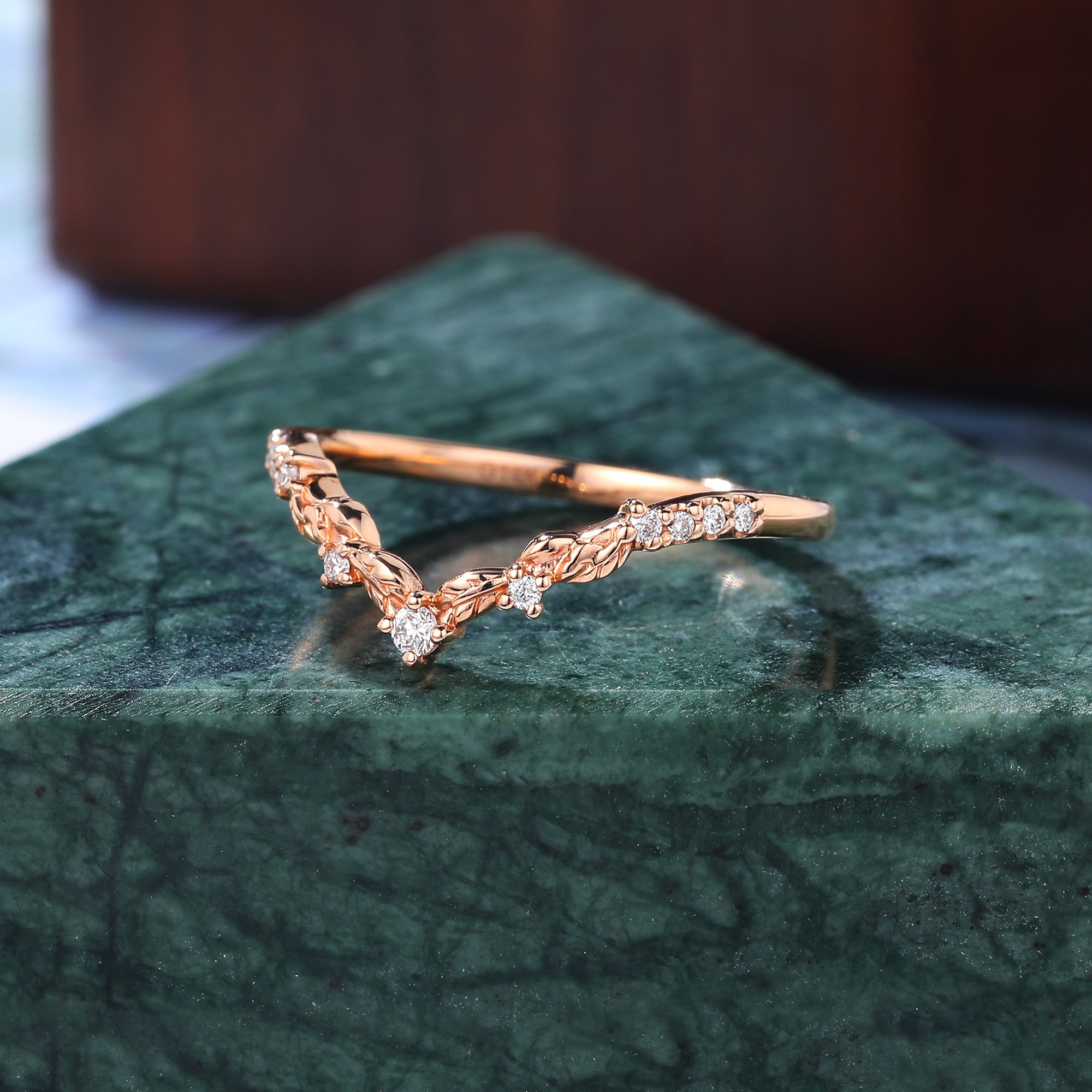 Art deco Diamond wedding band vintage rose gold ring unique  prong set anniversary promise bridal ring