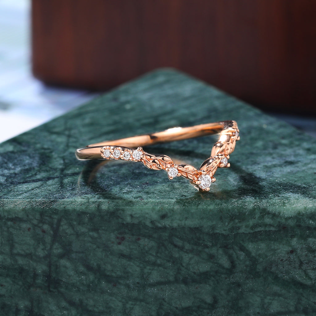 Art deco Diamond wedding band vintage rose gold ring unique  prong set anniversary promise bridal ring