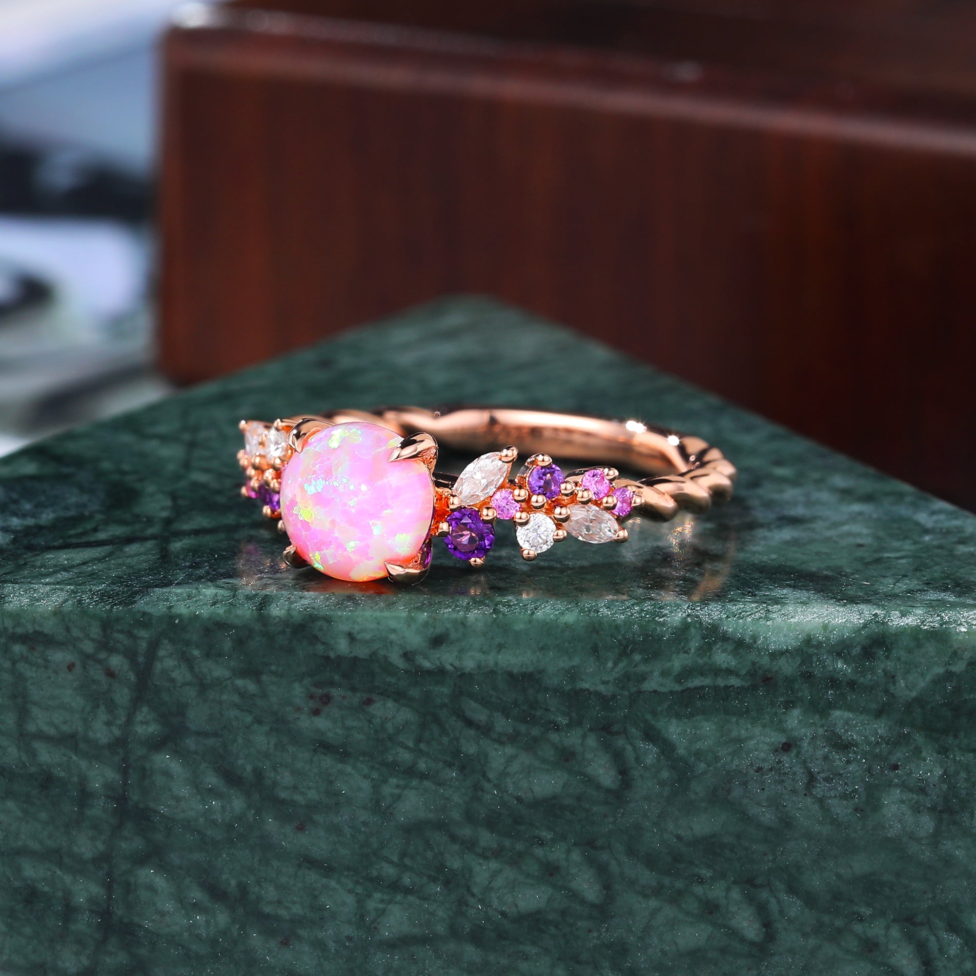 Round cut Lab Pink Opal engagement ring S925/10k/14k/18k gold , unique Bridal ring rose/white/yellow gold