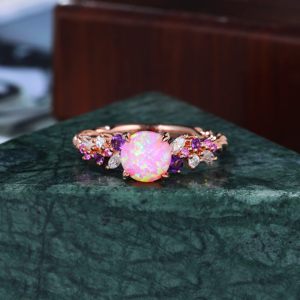 Round cut Lab Pink Opal engagement ring S925/10k/14k/18k gold , unique Bridal ring rose/white/yellow gold