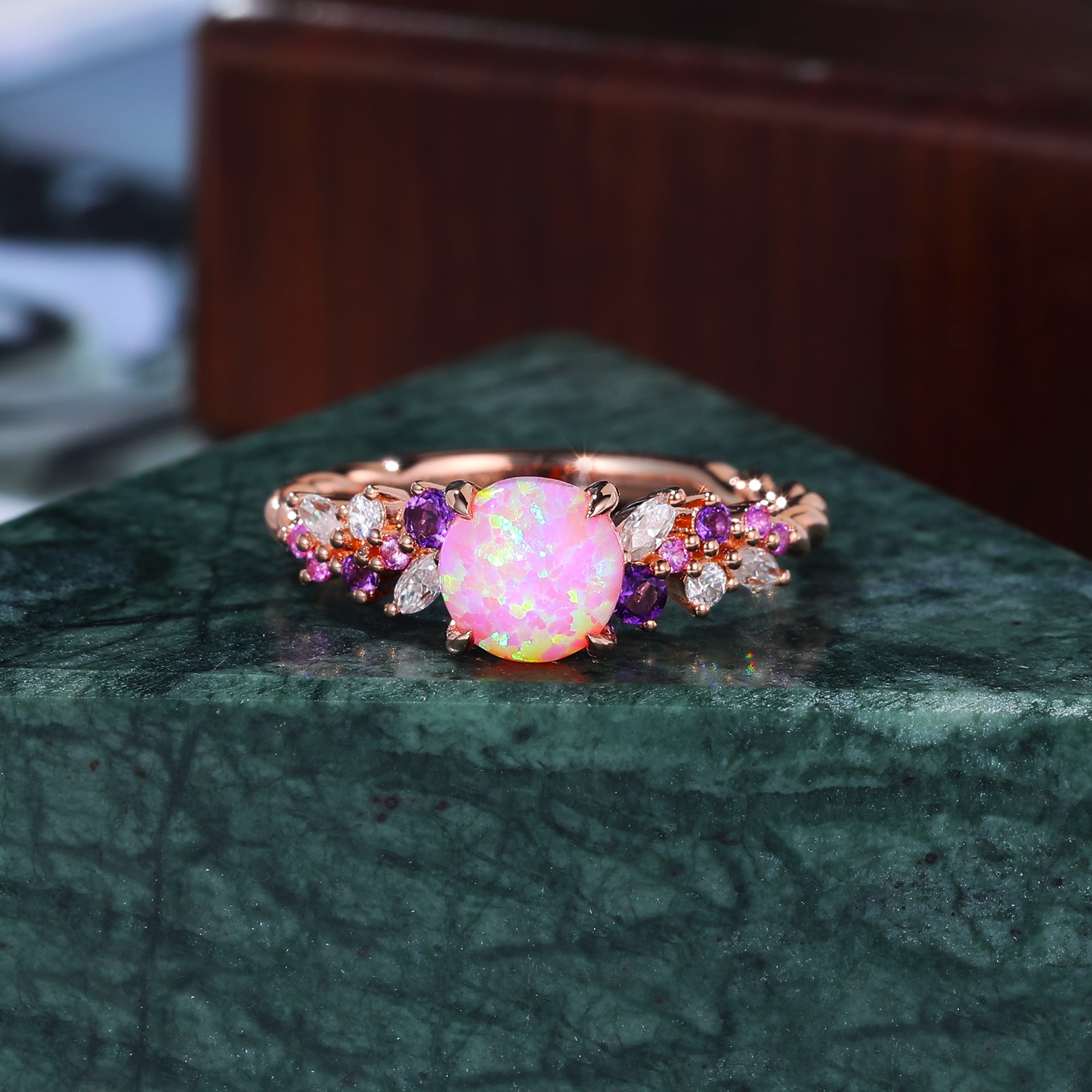 Round cut Lab Pink Opal engagement ring S925/10k/14k/18k gold , unique Bridal ring rose/white/yellow gold