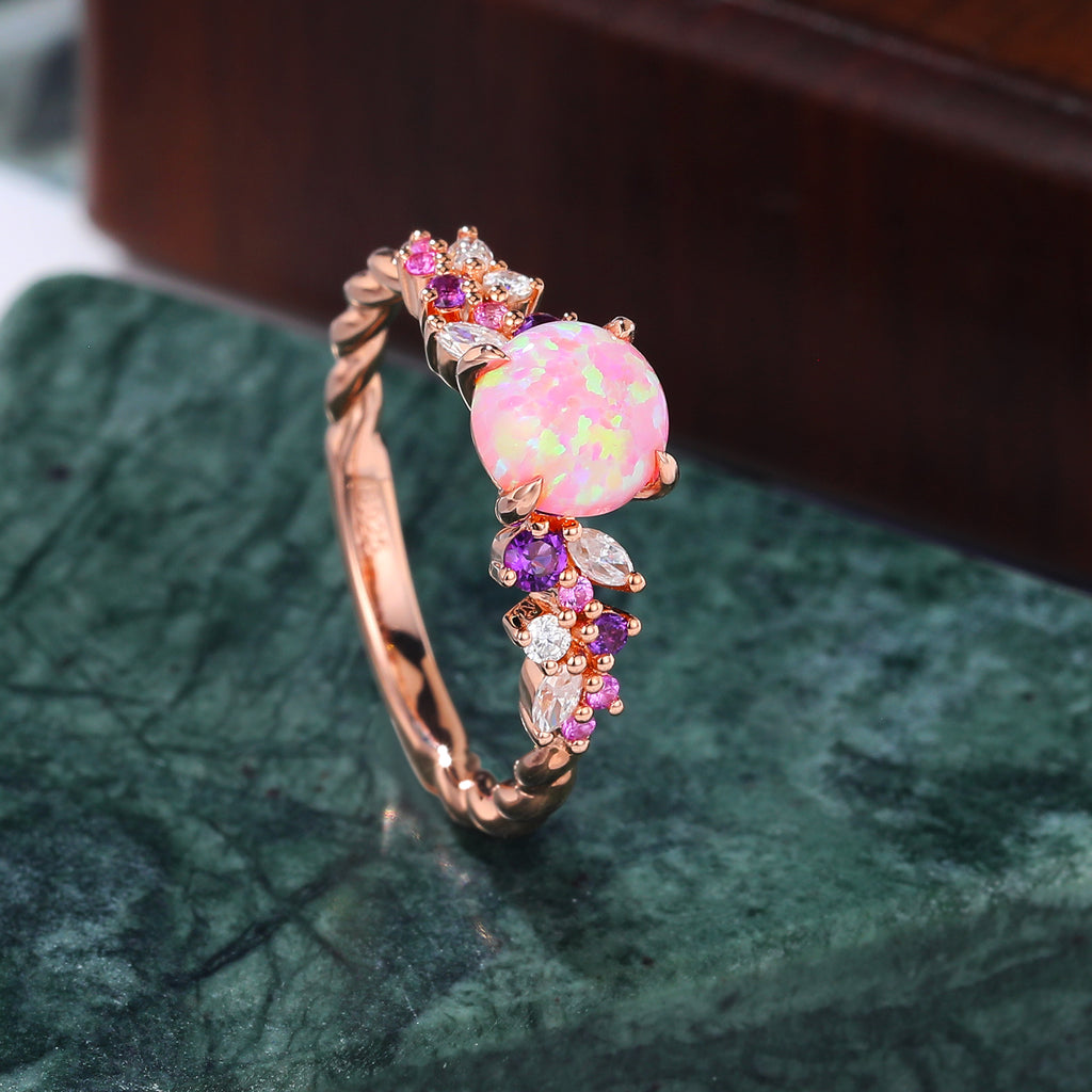 Round cut Lab Pink Opal engagement ring S925/10k/14k/18k gold , unique Bridal ring rose/white/yellow gold