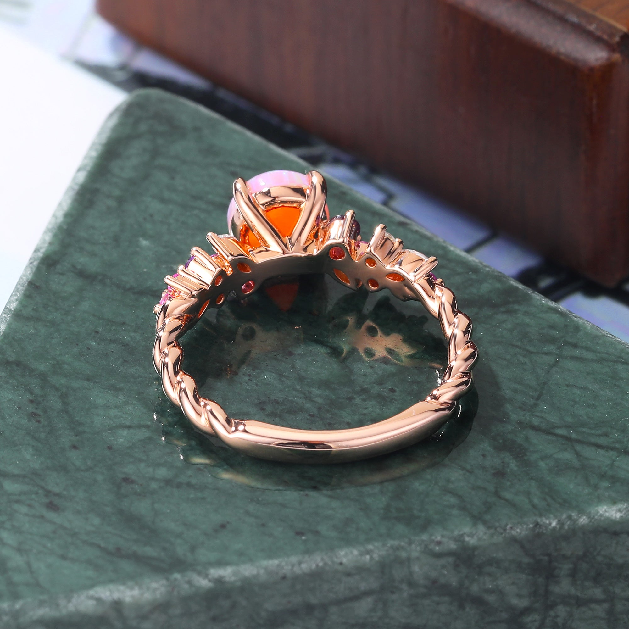 Round cut Lab Pink Opal engagement ring S925/10k/14k/18k gold , unique Bridal ring rose/white/yellow gold