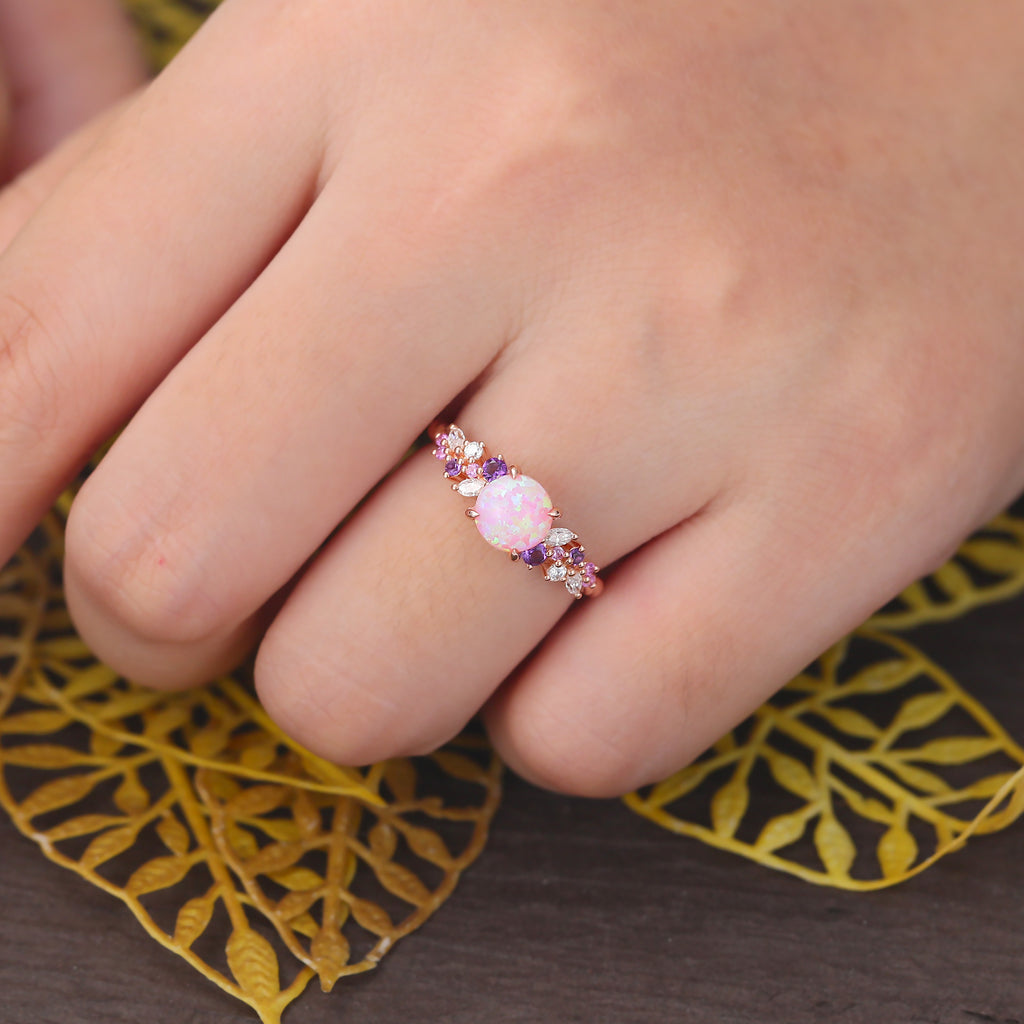 Round cut Lab Pink Opal engagement ring S925/10k/14k/18k gold , unique Bridal ring rose/white/yellow gold