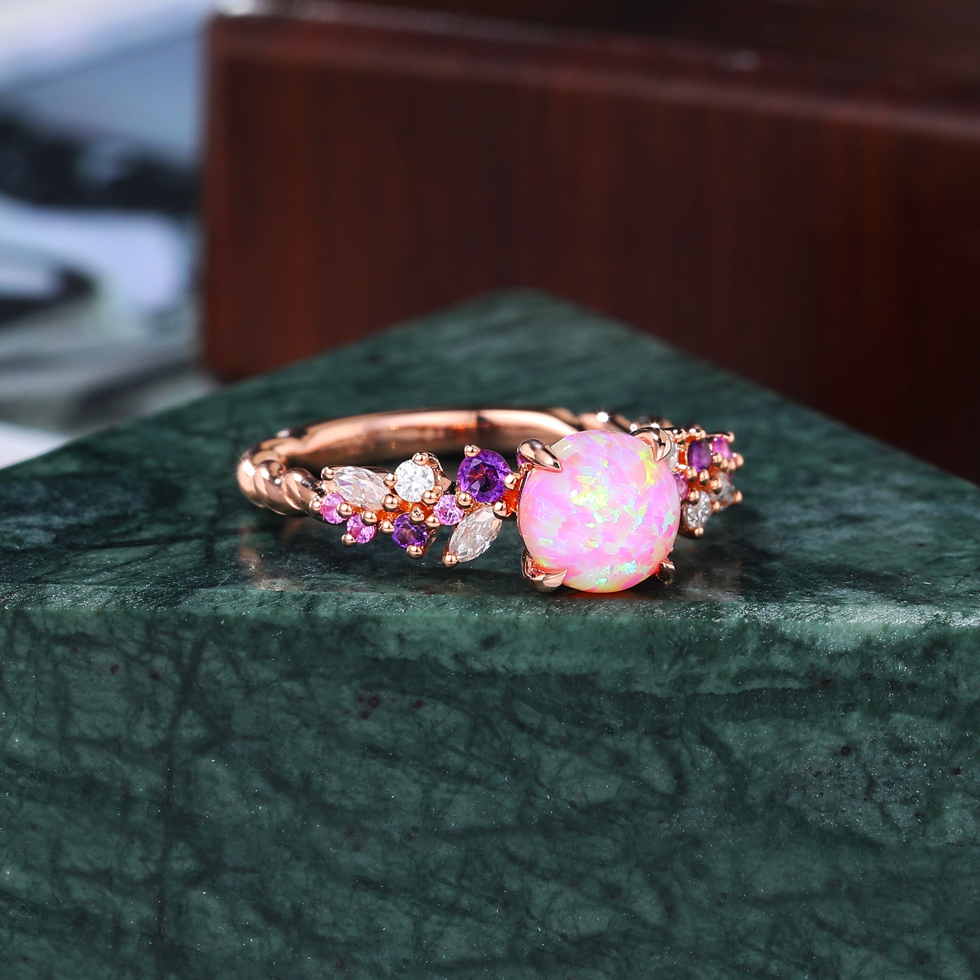Round cut Lab Pink Opal engagement ring S925/10k/14k/18k gold , unique Bridal ring rose/white/yellow gold
