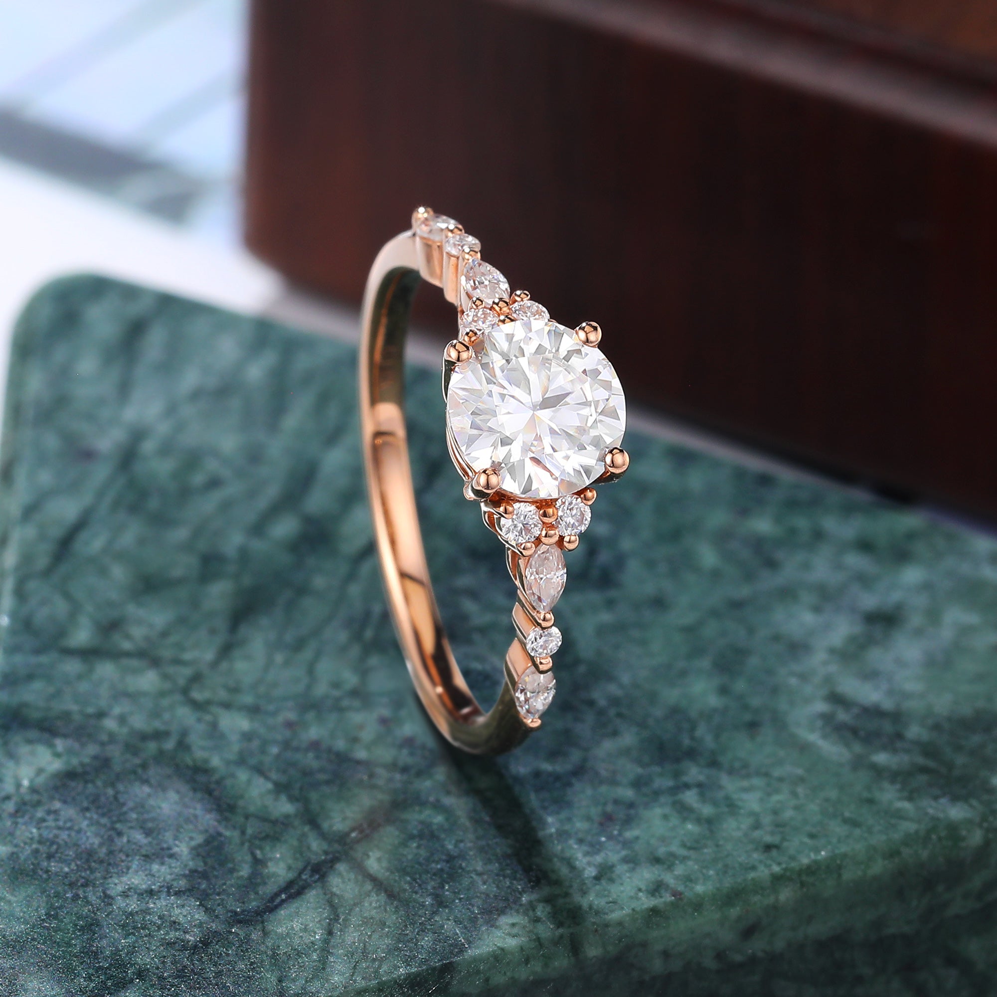1.0ct Round moissanite engagement ring, Cluster rose gold ring anniversary gift. S925/10k/14k/18k gold