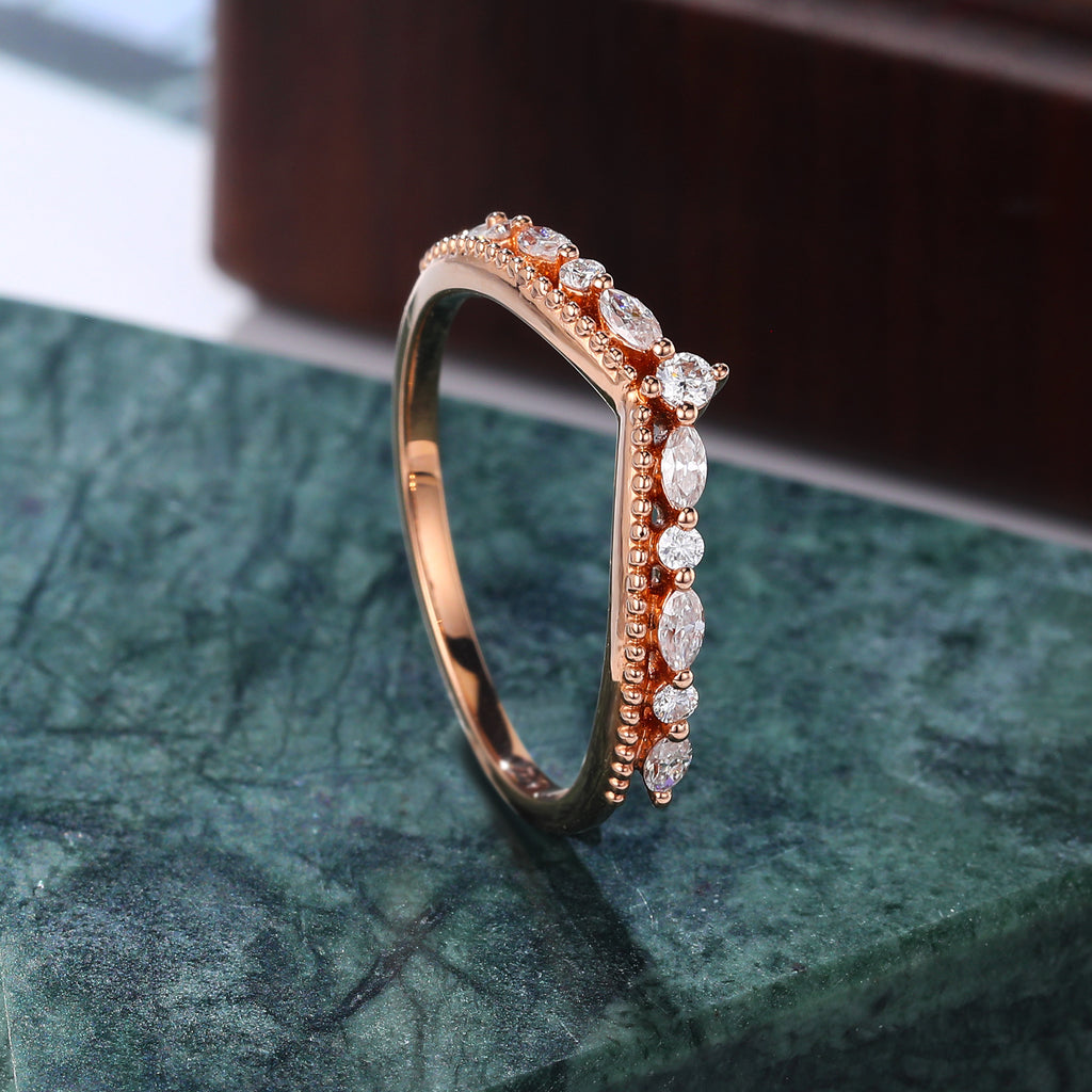 Round cut moissanite wedding band vintage rose gold ring unique 10K/14K/18K ring prong set anniversary promise bridal ring