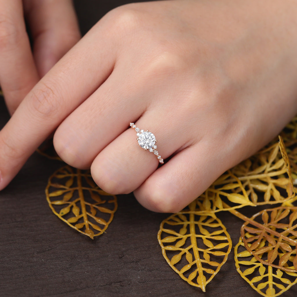 1.0ct Round moissanite engagement ring, Cluster rose gold ring anniversary gift. S925/10k/14k/18k gold