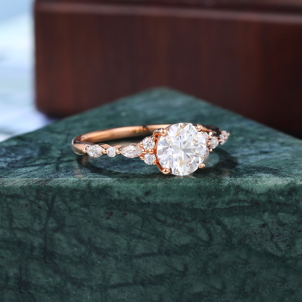 1.0ct Round moissanite engagement ring, Cluster rose gold ring anniversary gift. S925/10k/14k/18k gold