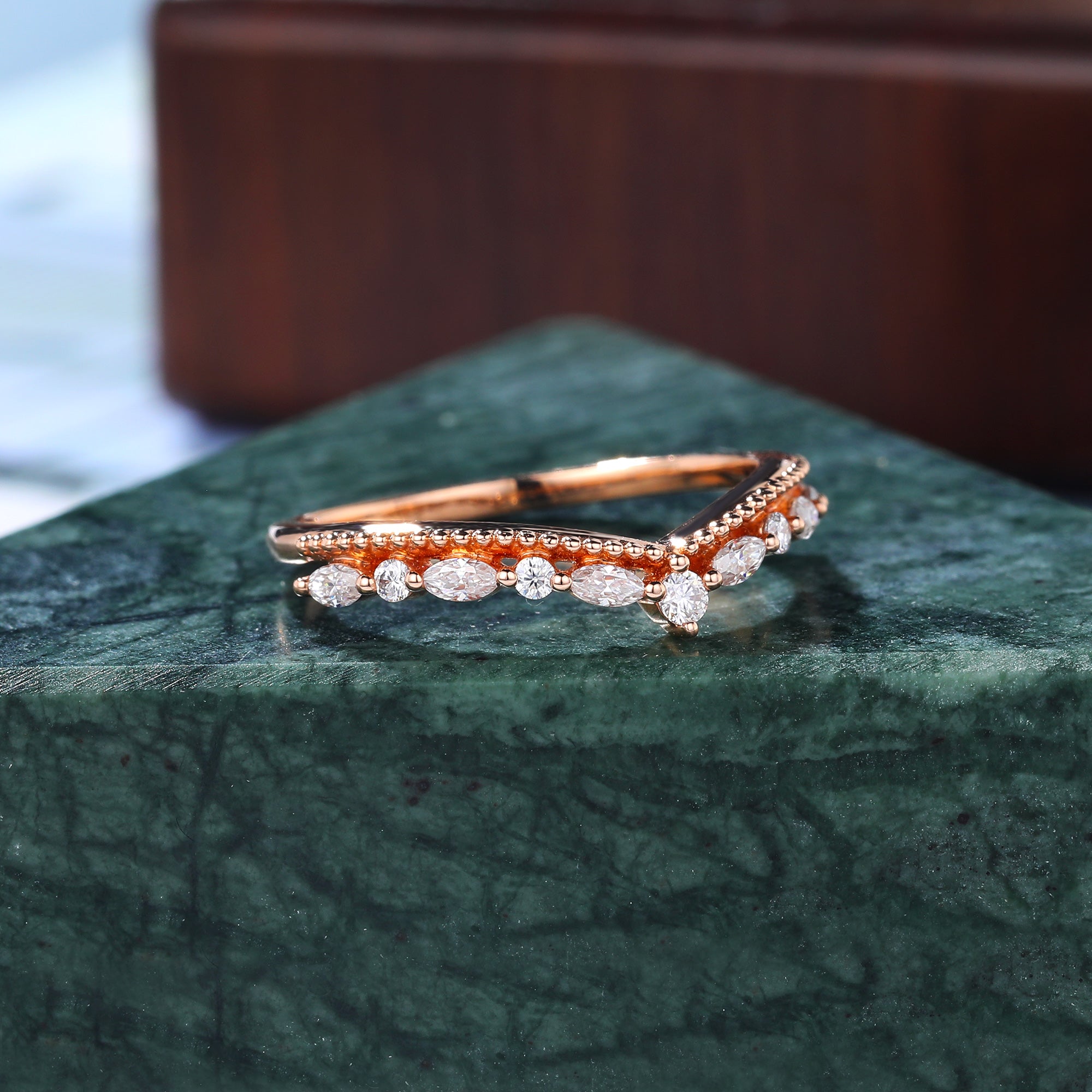 Round cut moissanite wedding band vintage rose gold ring unique 10K/14K/18K ring prong set anniversary promise bridal ring