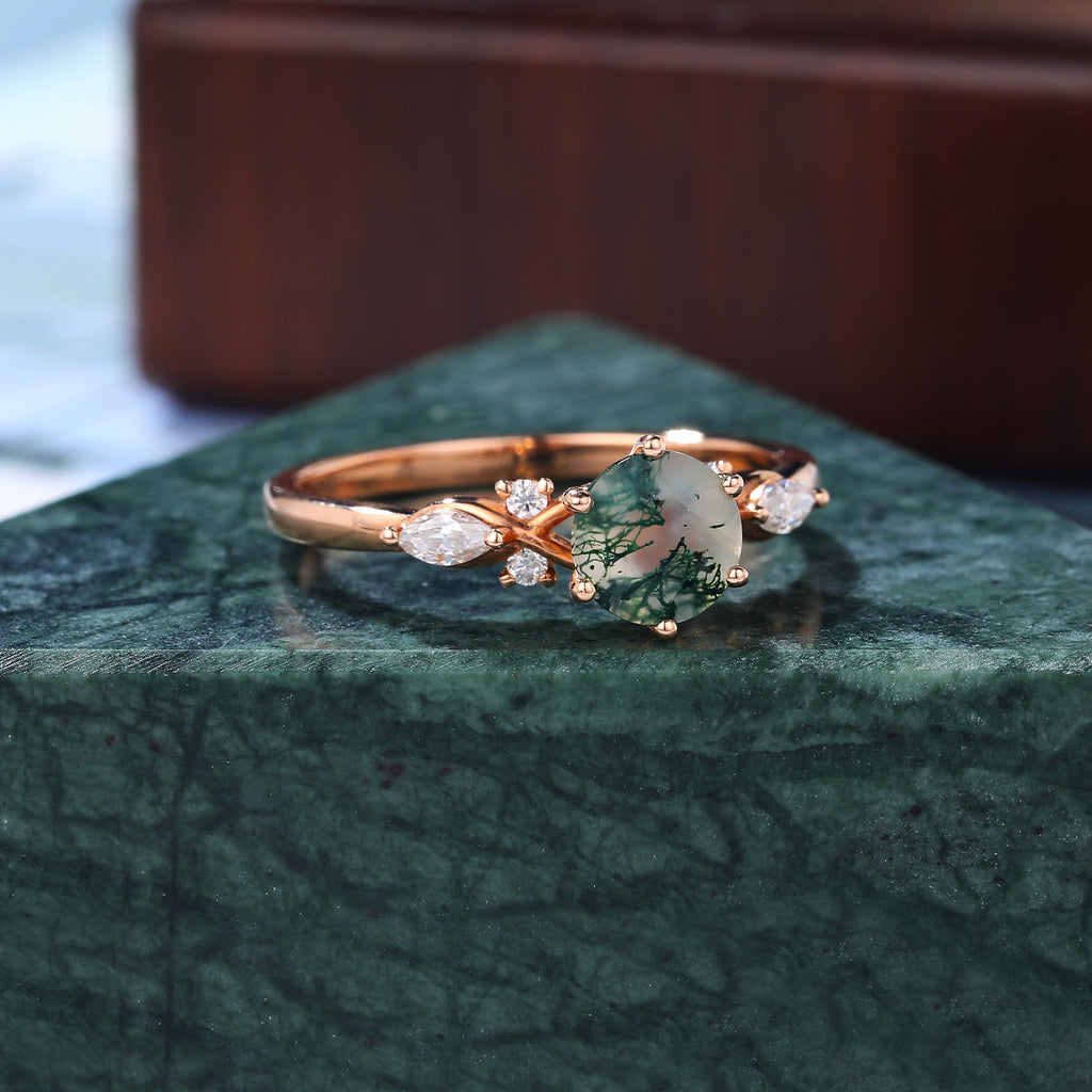 Round cut Moss Agate engagement ring,  S925/10k/14k/18k gold