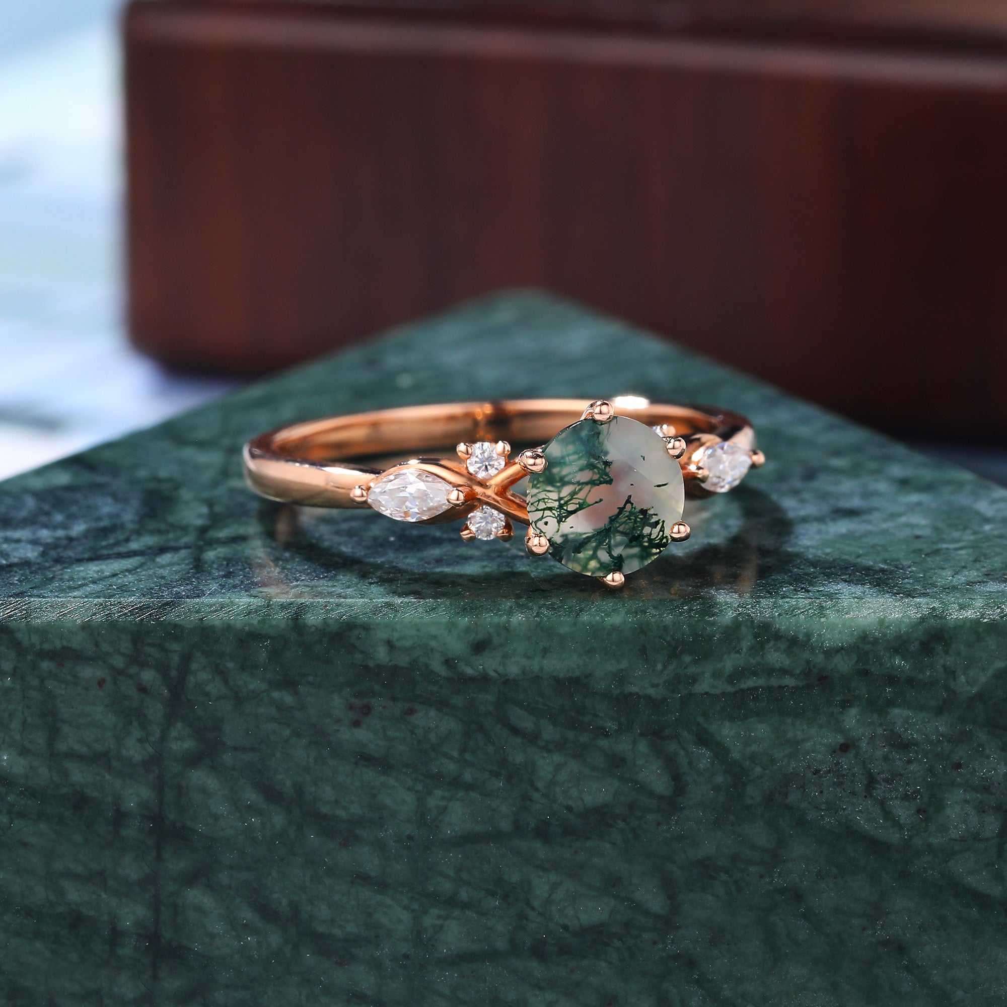 Round cut Moss Agate engagement ring,  S925/10k/14k/18k gold