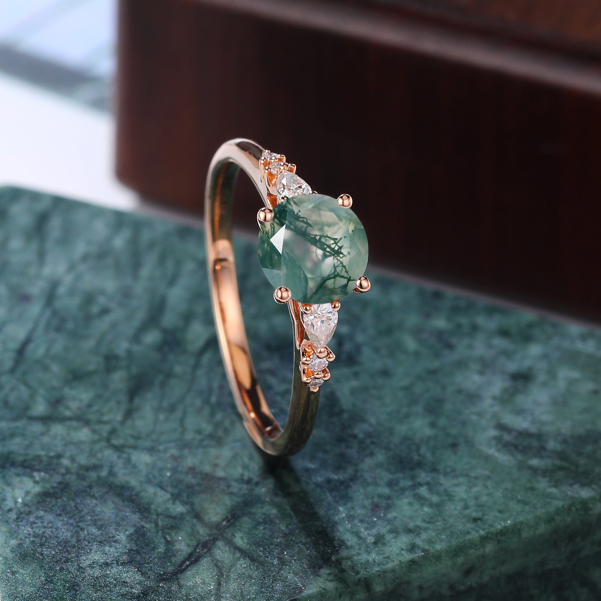 Round cut Moss agate rose gold engagement ring S925/10k/14k/18k gold