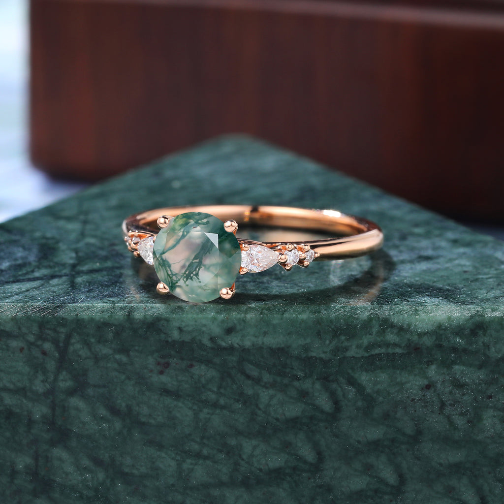 Round cut Moss agate rose gold engagement ring S925/10k/14k/18k gold