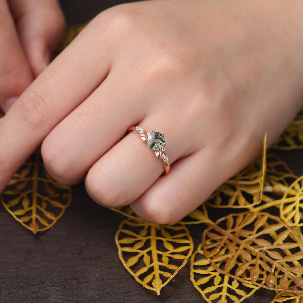 Round cut Moss Agate engagement ring,  S925/10k/14k/18k gold