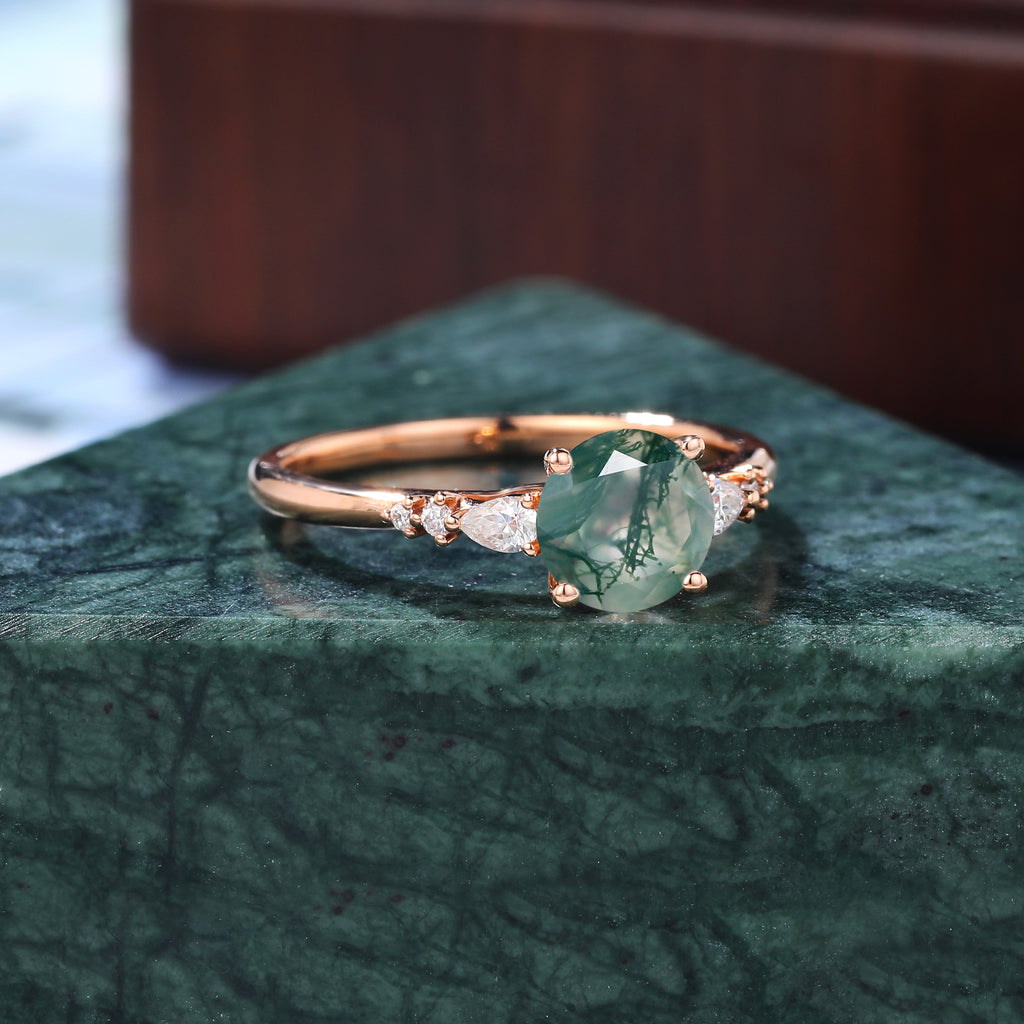 Round cut Moss agate rose gold engagement ring S925/10k/14k/18k gold
