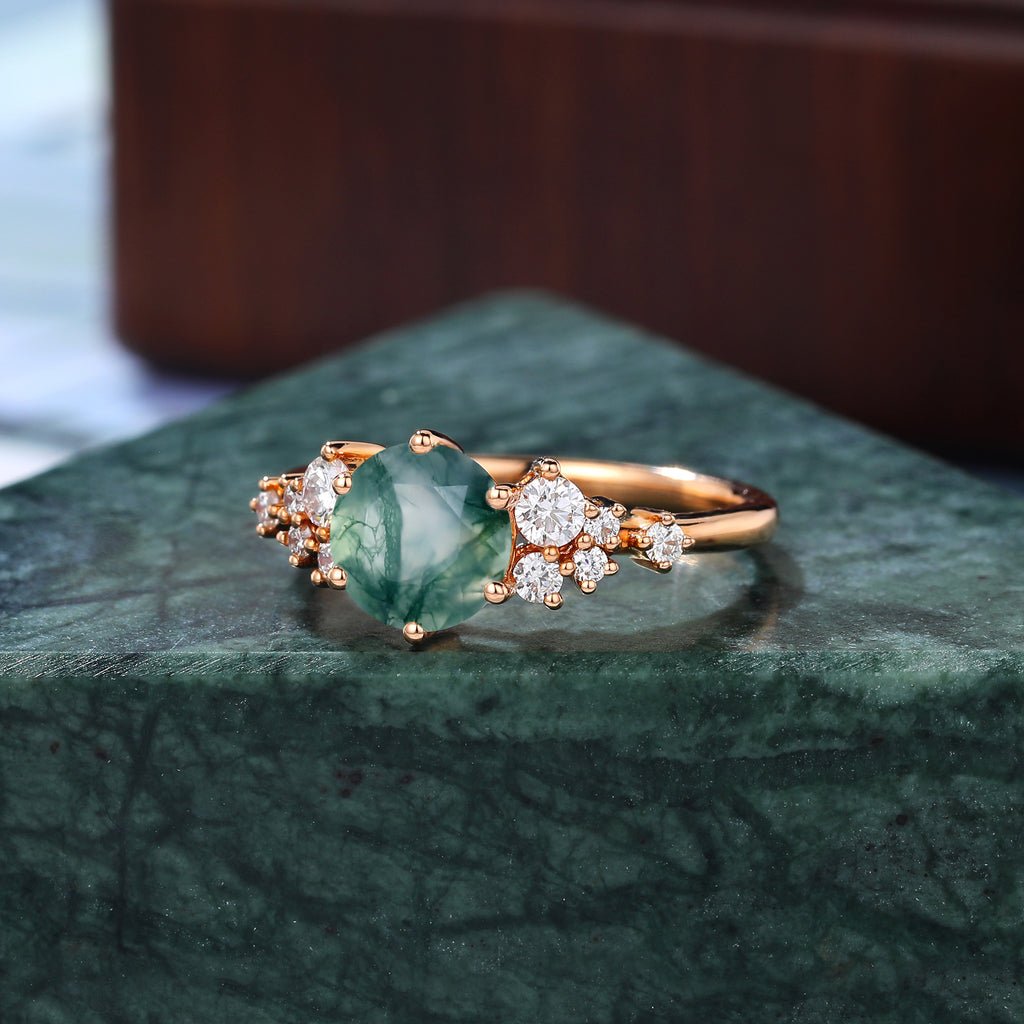 Round Moss agate engagement ring S925/10k/14k/18k gold ring, unique moissanite ring rose/white gold ring