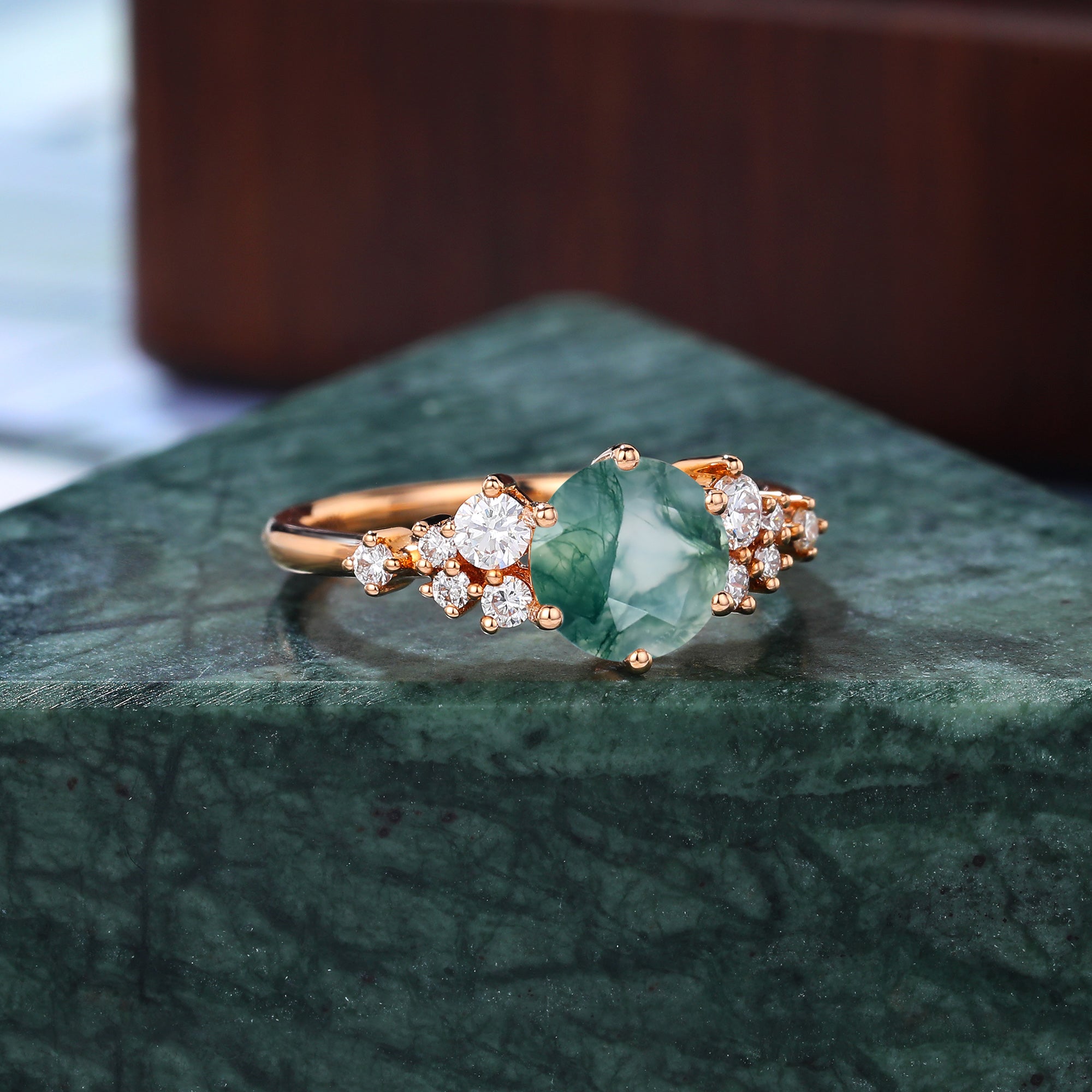Round Moss agate engagement ring S925/10k/14k/18k gold ring, unique moissanite ring rose/white gold ring