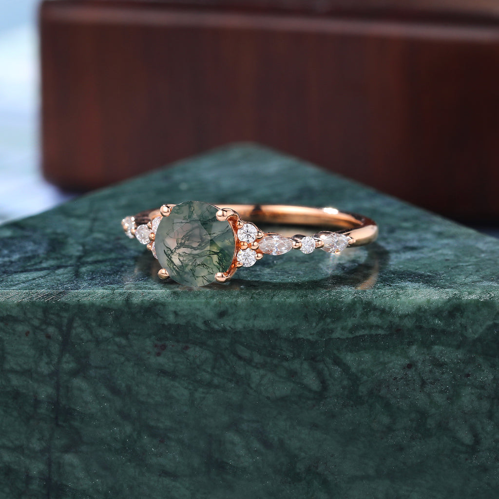 Round cut Moss agate engagement ring S925/10k/14k/18k gold , unique bridal ring rose/white/yellow gold ring