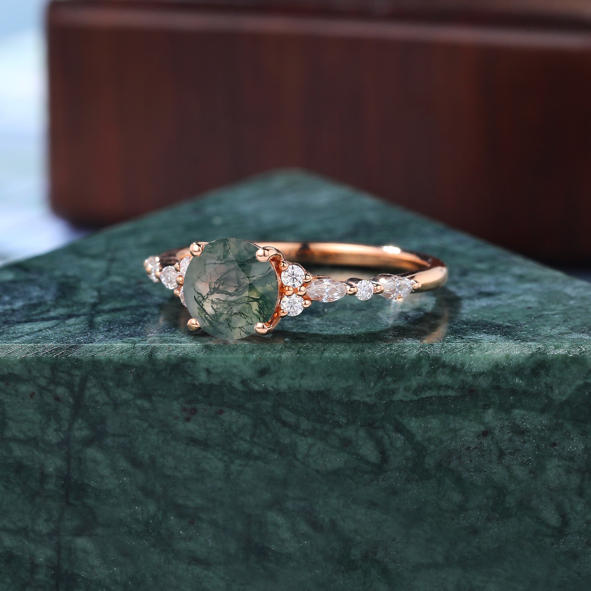 Round cut Moss agate engagement ring S925/10k/14k/18k gold , unique bridal ring rose/white/yellow gold ring