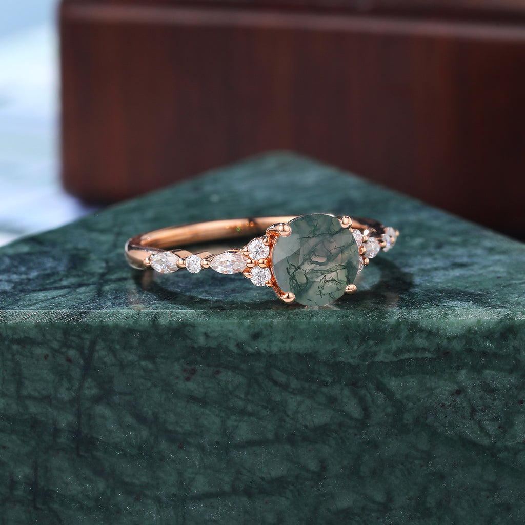 Round cut Moss agate engagement ring S925/10k/14k/18k gold , unique bridal ring rose/white/yellow gold ring