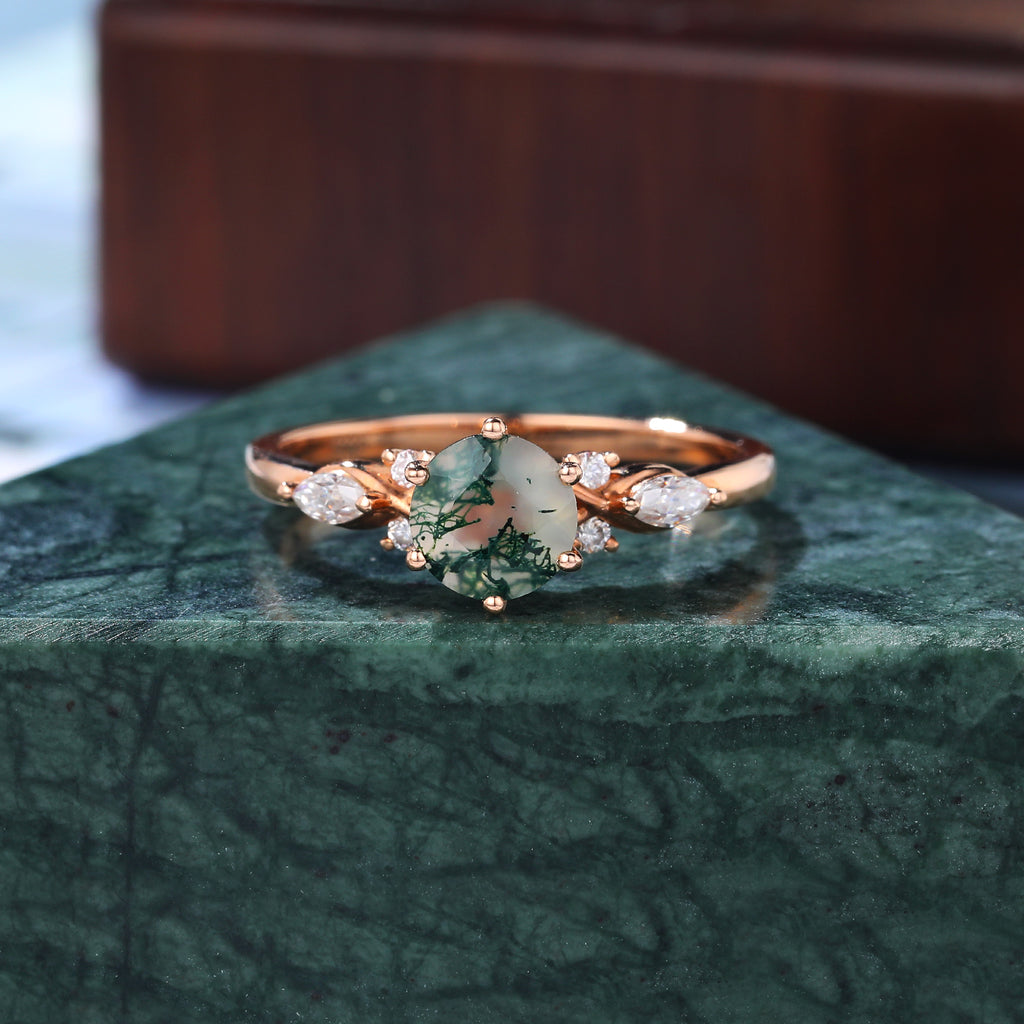 Round cut Moss Agate engagement ring,  S925/10k/14k/18k gold