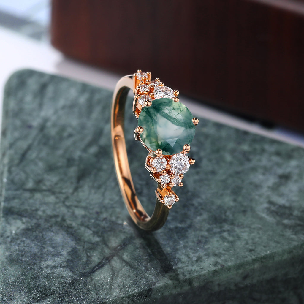 Round Moss agate engagement ring S925/10k/14k/18k gold ring, unique moissanite ring rose/white gold ring