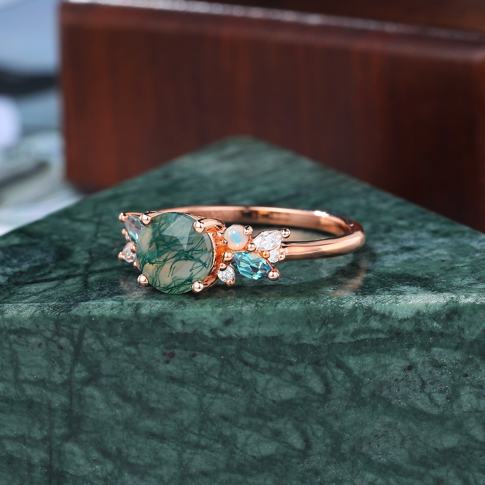 Round cut Moss Agate engagement ring S925/10k/14k/18k gold , unique Alexandrite  moissanite Opal ring