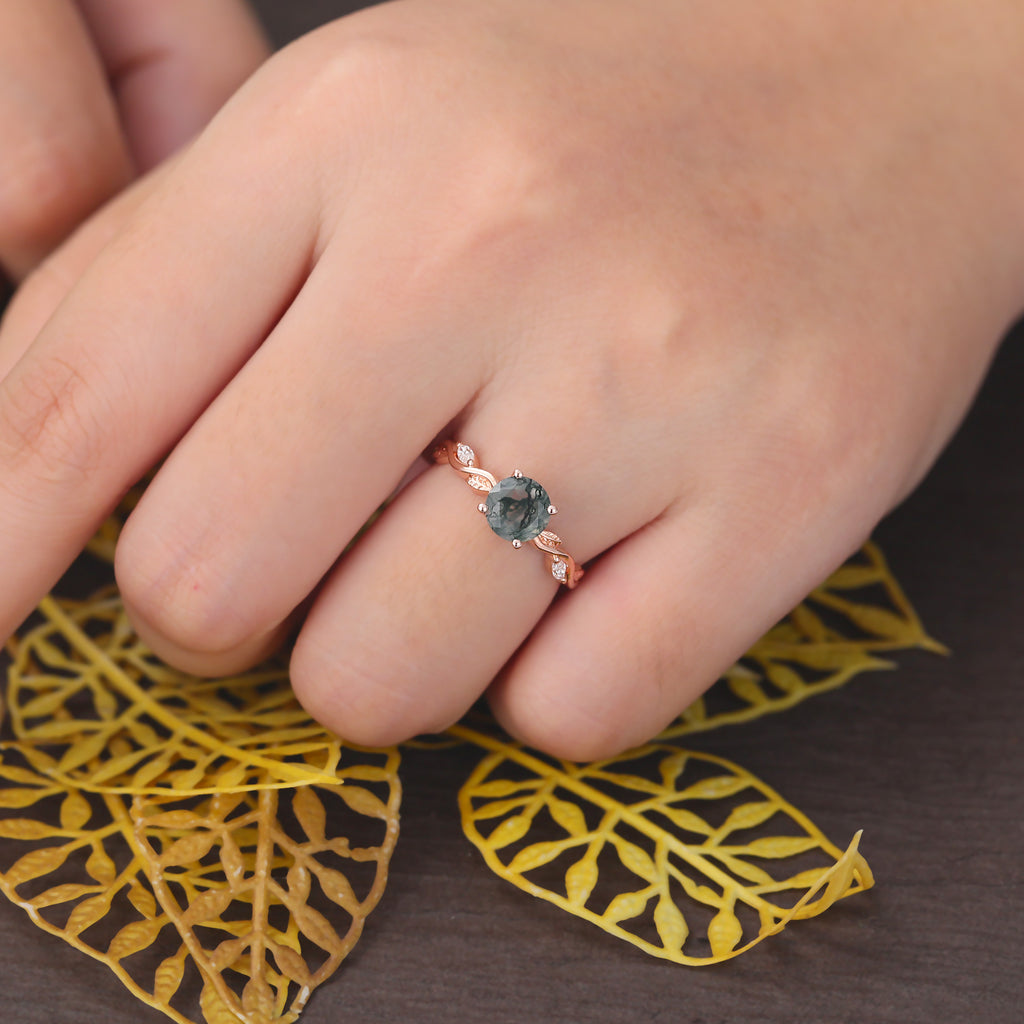 Round cut Moss Agate engagement ring 925silver/10k/14k/18k gold , unique moissanite Bridal ring