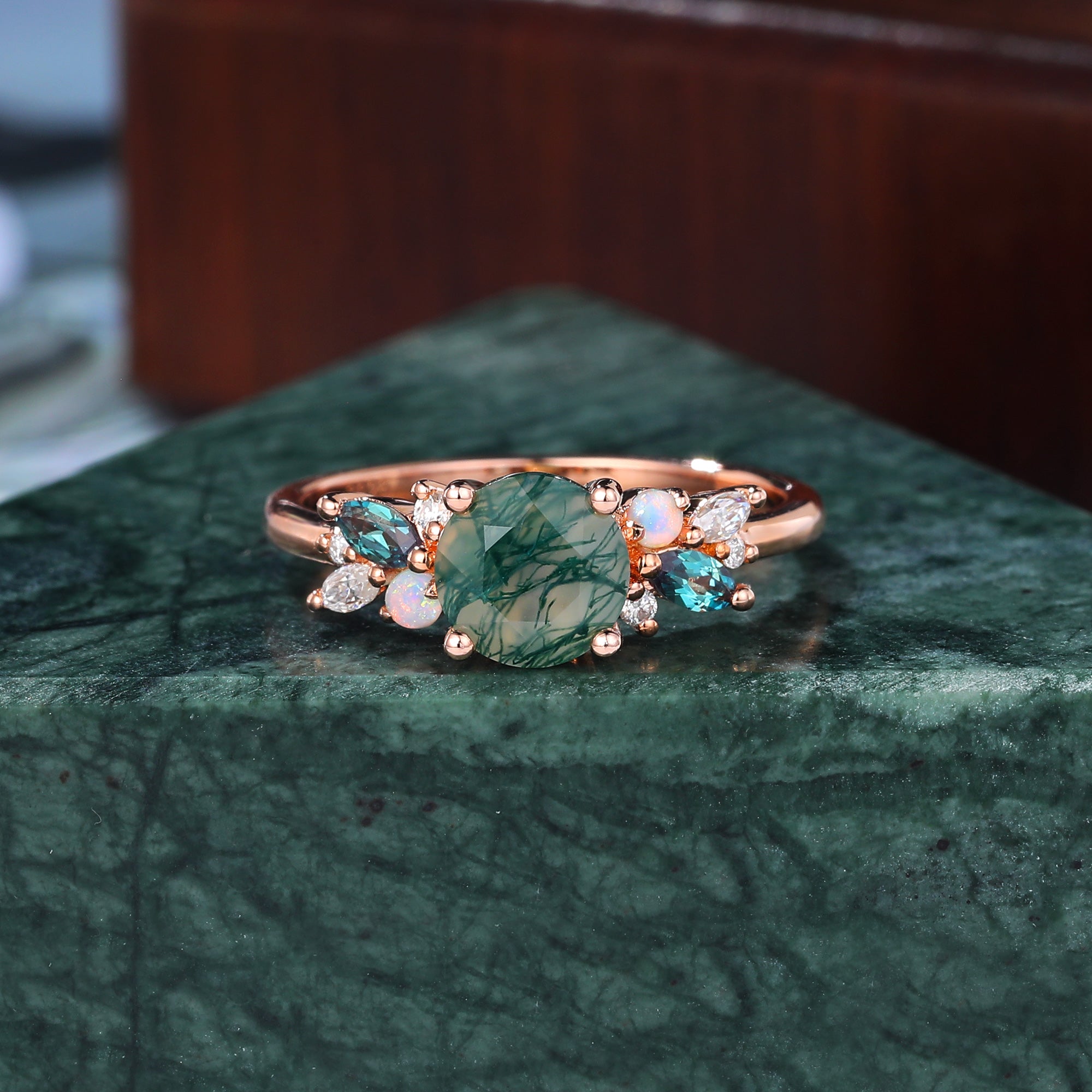 Round cut Moss Agate engagement ring S925/10k/14k/18k gold , unique Alexandrite  moissanite Opal ring