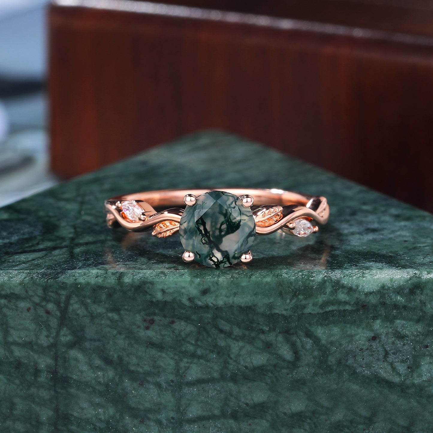 Round cut Moss Agate engagement ring 925silver/10k/14k/18k gold , unique moissanite Bridal ring