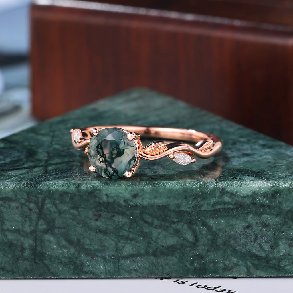 Round cut Moss Agate engagement ring 925silver/10k/14k/18k gold , unique moissanite Bridal ring