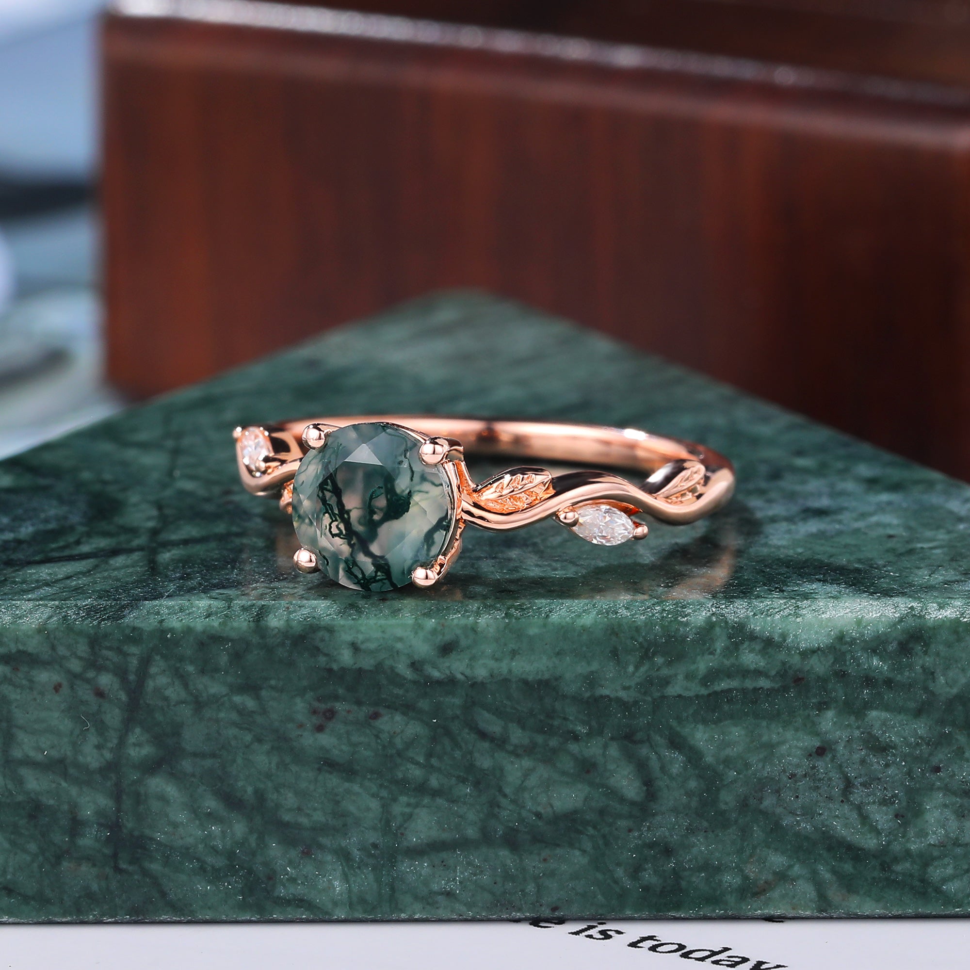 Round cut Moss Agate engagement ring 925silver/10k/14k/18k gold , unique moissanite Bridal ring