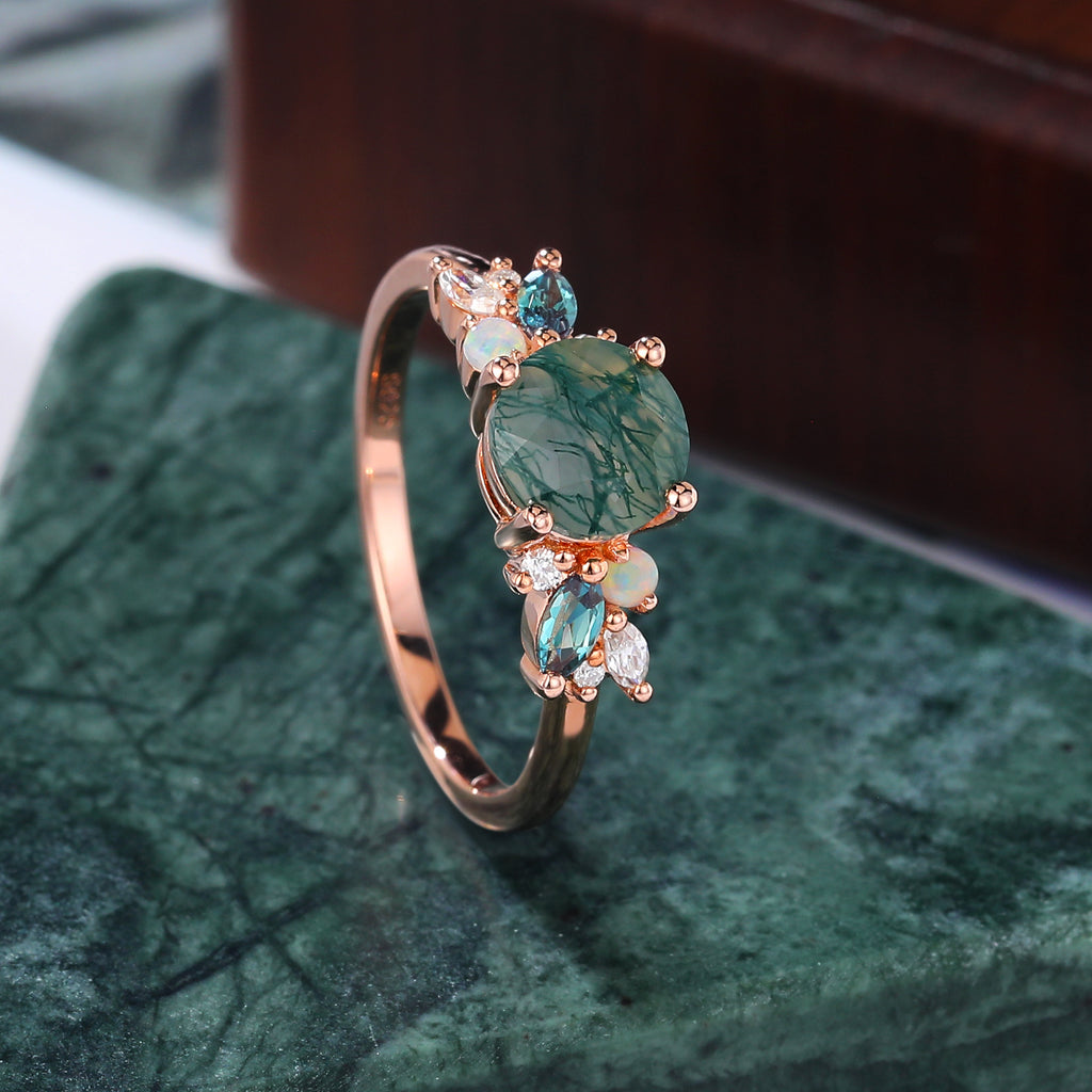 Round cut Moss Agate engagement ring S925/10k/14k/18k gold , unique Alexandrite  moissanite Opal ring