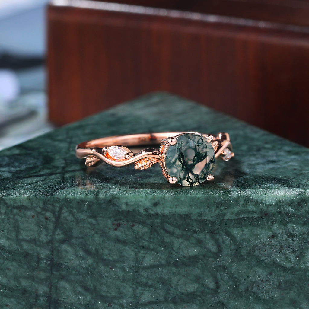 Round cut Moss Agate engagement ring 925silver/10k/14k/18k gold , unique moissanite Bridal ring