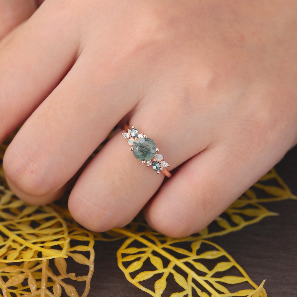 Round cut Moss Agate engagement ring S925/10k/14k/18k gold , unique Alexandrite  moissanite Opal ring
