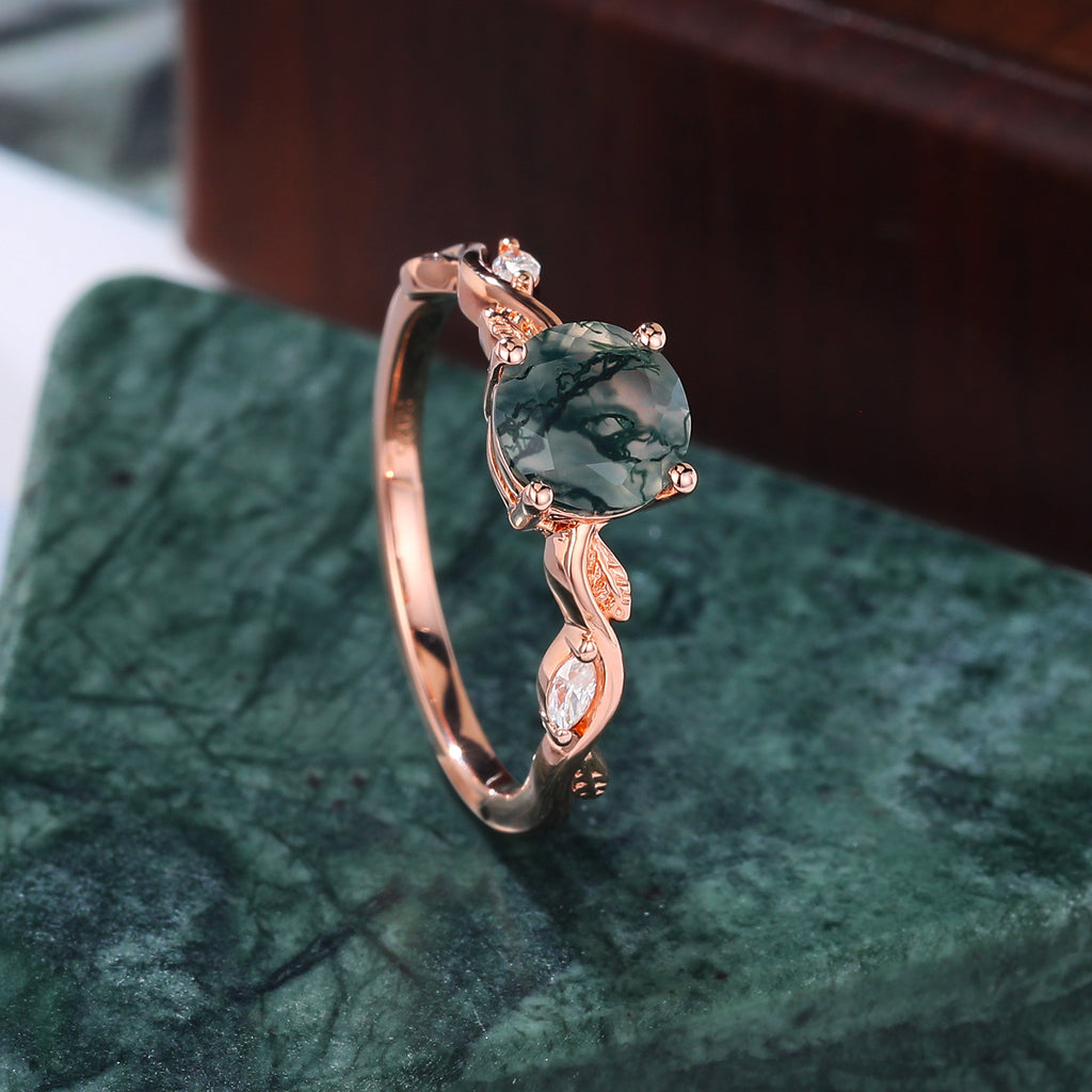 Round cut Moss Agate engagement ring 925silver/10k/14k/18k gold , unique moissanite Bridal ring