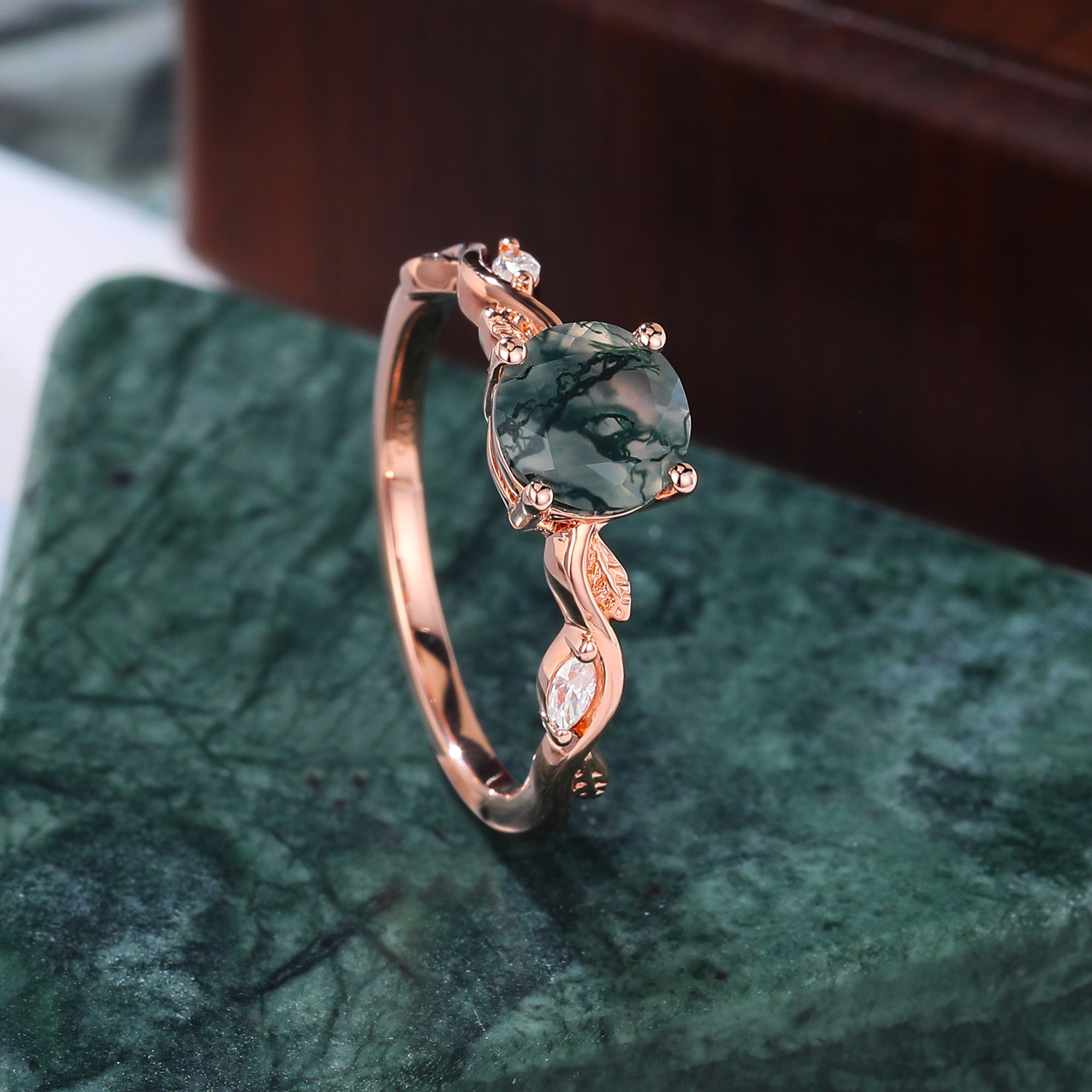 Round cut Moss Agate engagement ring 925silver/10k/14k/18k gold , unique moissanite Bridal ring