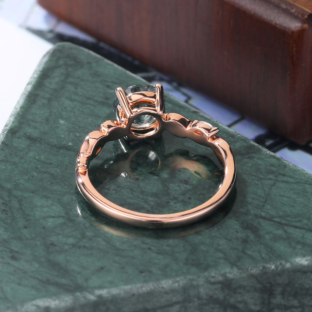 Round cut Moss Agate engagement ring 925silver/10k/14k/18k gold , unique moissanite Bridal ring