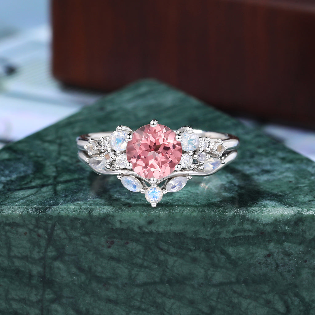 Vintage round Lab Pink Sapphire Engagement Ring Set