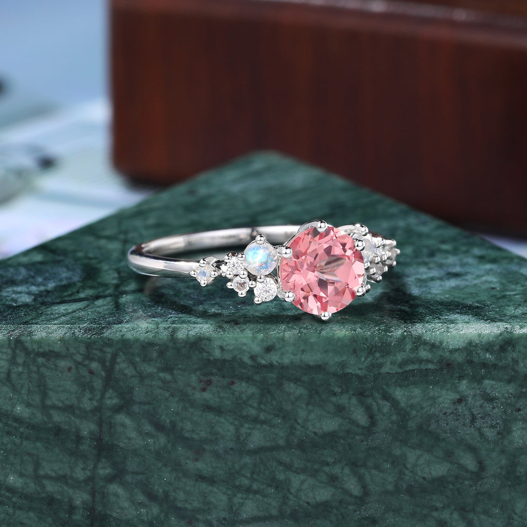 Unique round cut Lab Pink Sapphire engagement ring