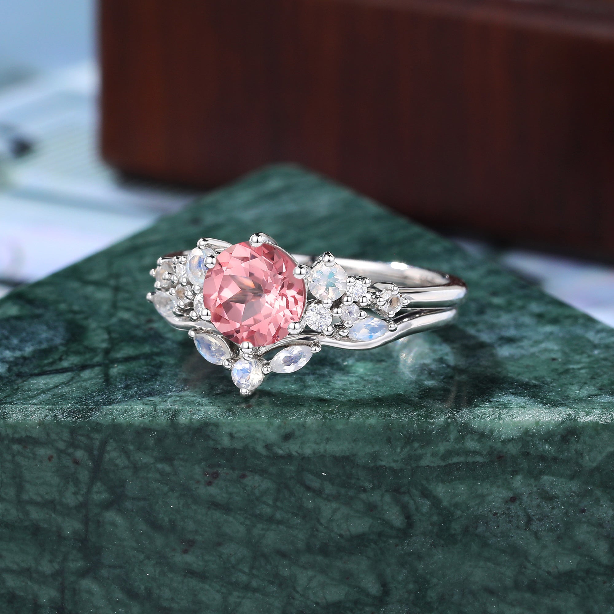 Vintage round Lab Pink Sapphire Engagement Ring Set