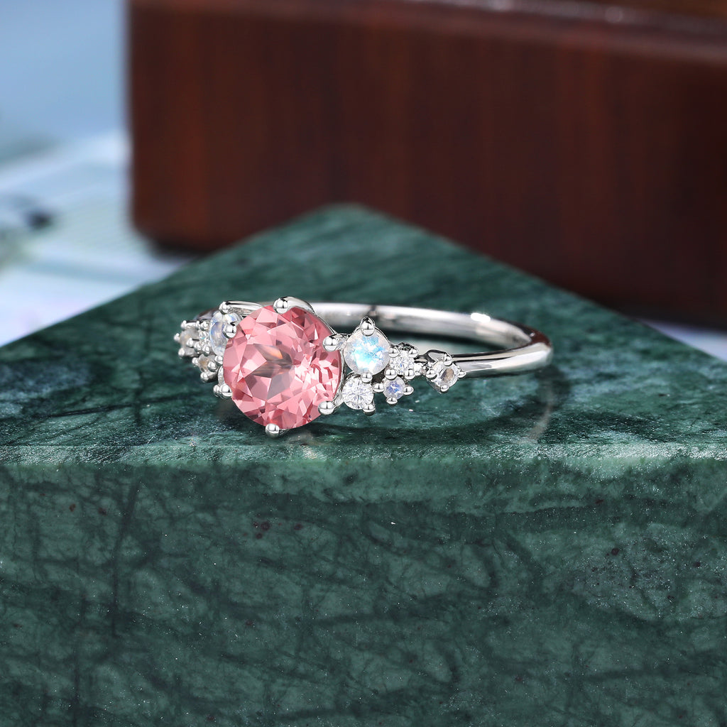 Unique round cut Lab Pink Sapphire engagement ring