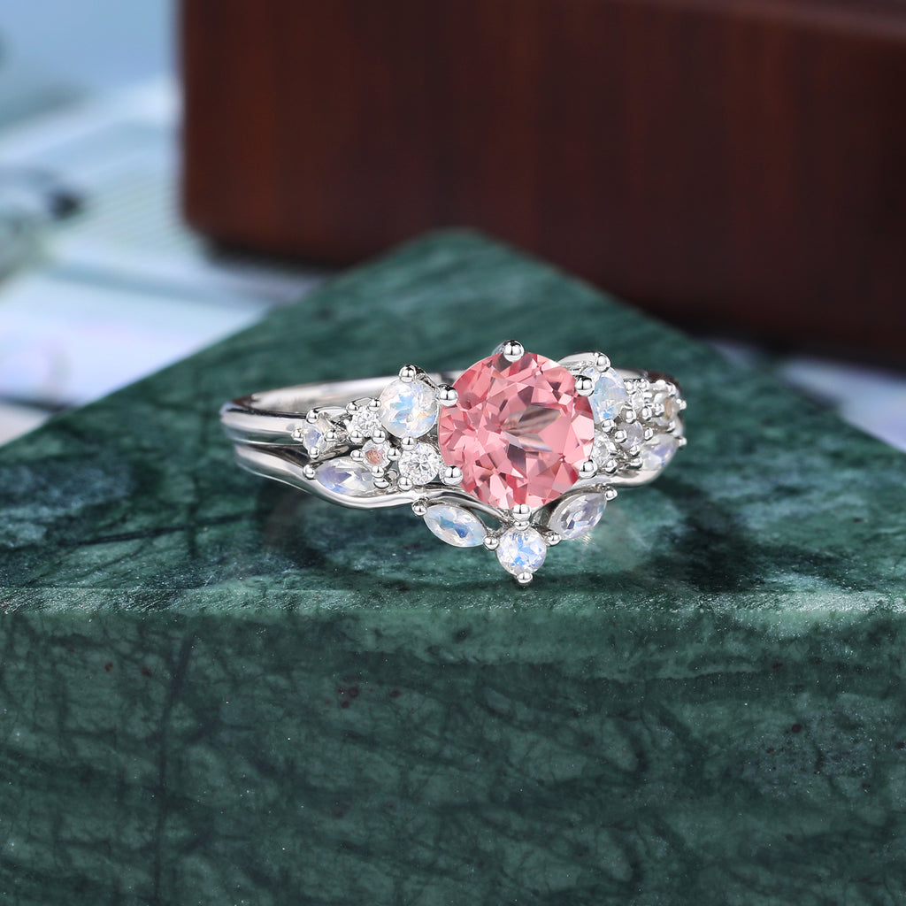 Vintage round Lab Pink Sapphire Engagement Ring Set