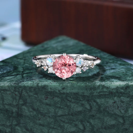Unique round cut Lab Pink Sapphire engagement ring