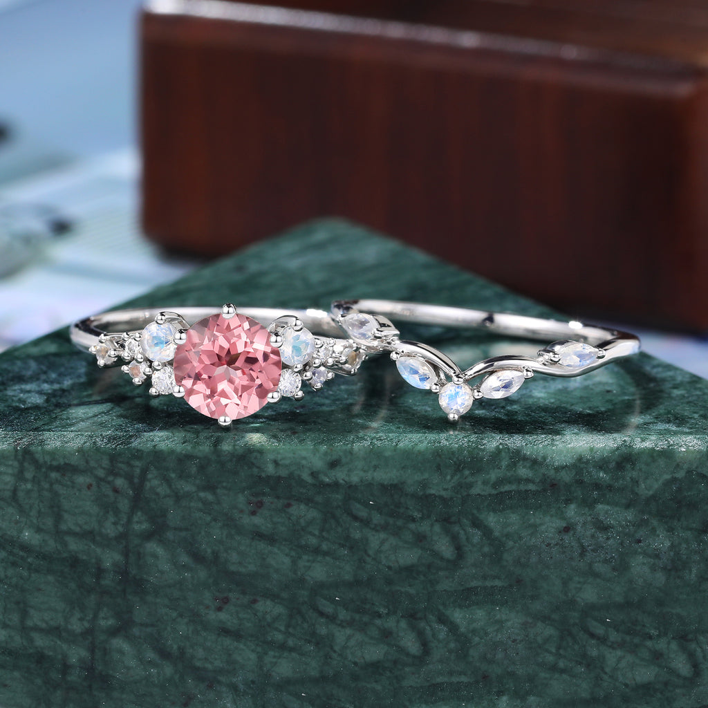 Vintage round Lab Pink Sapphire Engagement Ring Set