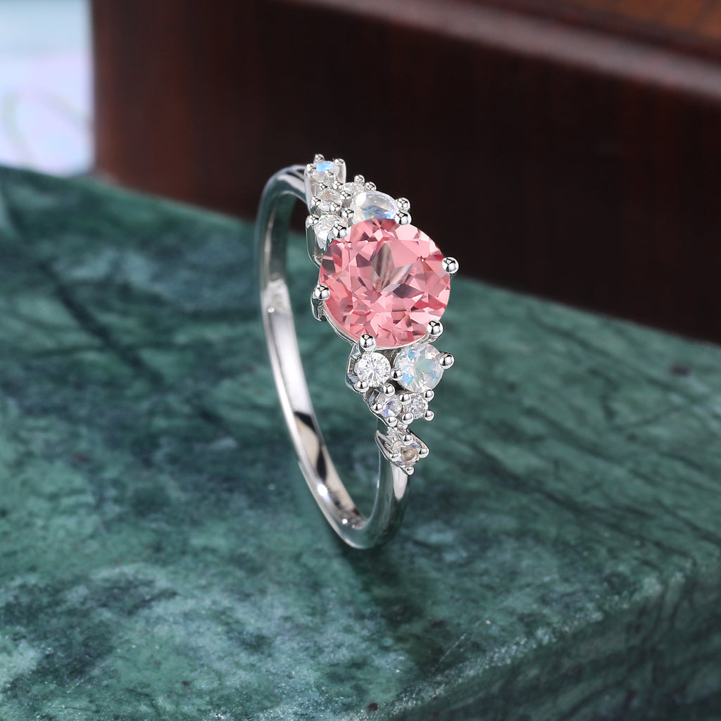 Unique round cut Lab Pink Sapphire engagement ring