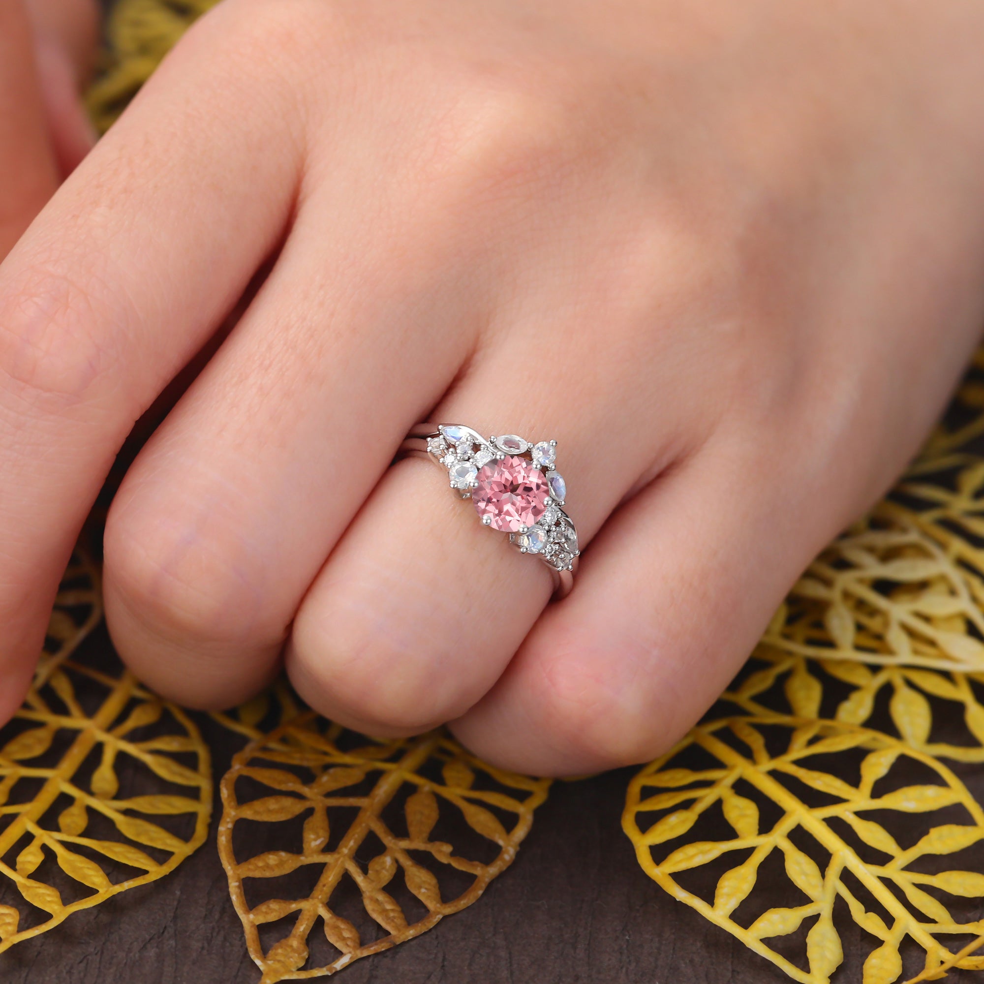 Vintage round Lab Pink Sapphire Engagement Ring Set
