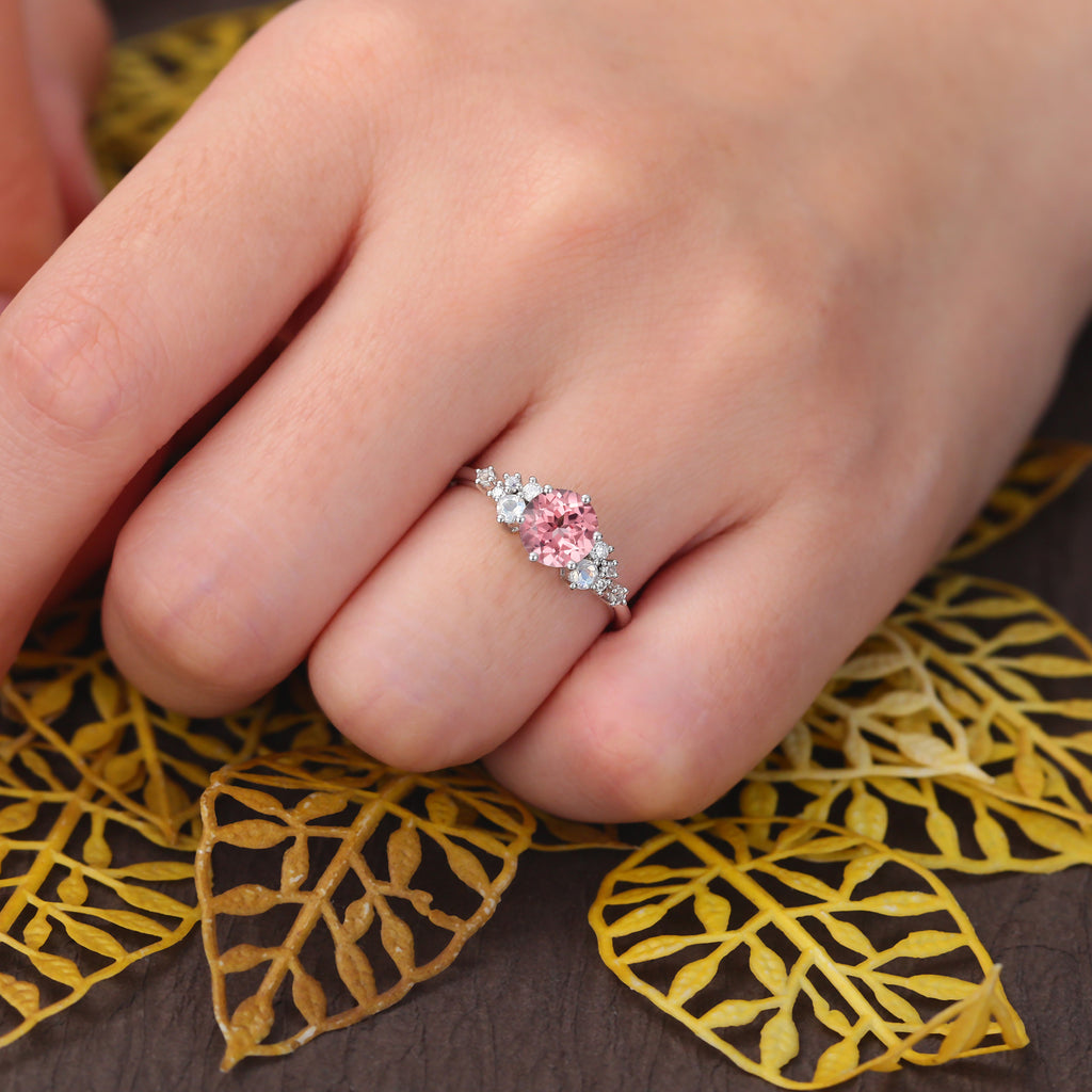 Unique round cut Lab Pink Sapphire engagement ring