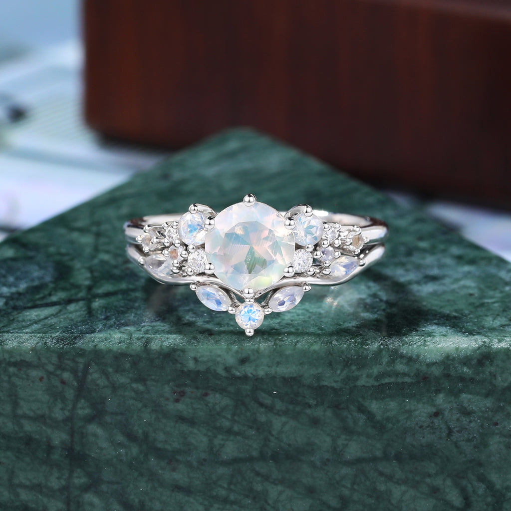 Vintage Round Moonstone Engagement Ring Set,  Rose/white/yellow Gold Bridal Wedding band S925/10k/14k/18k